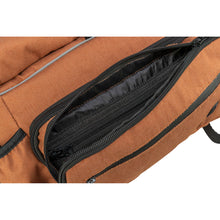 Load image into Gallery viewer, Close-up of a brown backpack showing an open zippered pocket with a black interior lining and black zipper trim.
