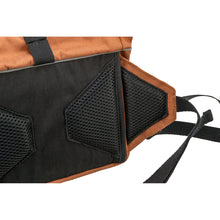 Load image into Gallery viewer, Close-up detail of a backpack's side panel showing black mesh ventilation pockets and a brown fabric body with black straps on a white background.
