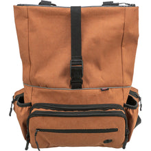 Load image into Gallery viewer, A brown canvas backpack with black straps, zippers, and buckles, shown against a plain white background.
