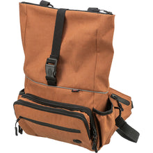 Load image into Gallery viewer, Brown backpack with black straps and zippers on a white background
