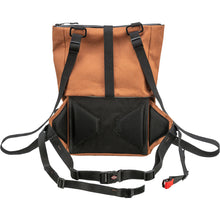 Load image into Gallery viewer, Brown backpack with black straps and mesh pocket on a white background
