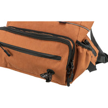 Load image into Gallery viewer, Close-up of a brown canvas bag with black zippers, showing the side pocket and poo bag holder
