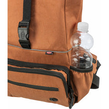 Load image into Gallery viewer, Brown backpack with a water bottle in a pocket on a white background
