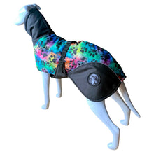 Load image into Gallery viewer, Colorful dog coat with black accents on a mannequin against a white background
