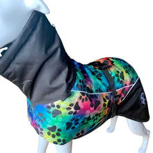 Load image into Gallery viewer, Colorful dog coat with paw pattern on a mannequin against a white background

