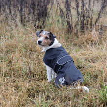 Load image into Gallery viewer, Dog wearing a black raincoat sitting in a grassy field. Orleans budget dog coat
