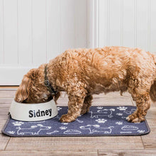 Load image into Gallery viewer, Dog drinking from a bowl labeled 'Sidney' on a patterned mat.
