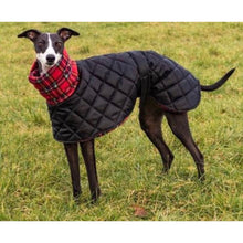 Load image into Gallery viewer, Black padded whippet coat with red tartan fleece lining
