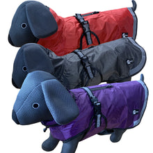 Load image into Gallery viewer, Three dog jackets in red, gray, and purple, displayed on invisible dog mannequins against a white background.
