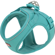 Load image into Gallery viewer, An aqua-blue dog harness with a breathable mesh pattern, adjustable plastic buckles, and silver metal hardware, shown on a plain white background.
