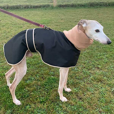 Whippet coat with built in snood collar and harness hole