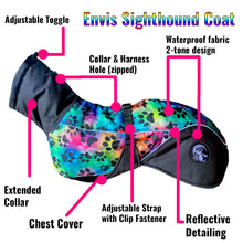 Load image into Gallery viewer, Colorful dog coat with features labeled on a white background - features
