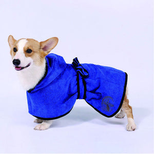 dog towelling robe - blue in colour - fast drying - with waste strap fastener