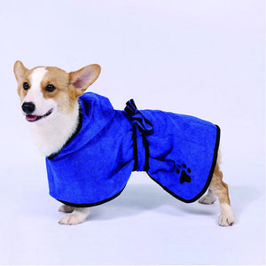 dog towelling robe - blue in colour - fast drying - with waste strap fastener