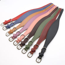Load image into Gallery viewer, A set of leather strap-style accessories in multiple colors, arranged diagonally on a white background. The straps include red, blue, tan, lavender, pink, brown, olive green, burgundy, and black, each with silver-tone metal buckles.
