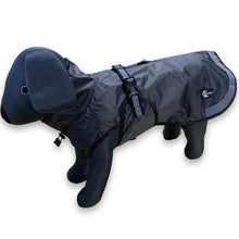 Load image into Gallery viewer, A dark gray dog raincoat with matching dark gray mesh booties and straps, displayed on a black dog mannequin against a white background.
