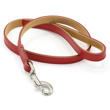 Load image into Gallery viewer, A red leather dog leash with a silver metal snap hook clasp, shown on a clean white background.
