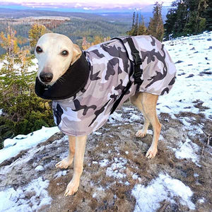 Camouflage whippet and greyhound coats with harness hole
