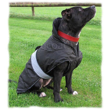 Load image into Gallery viewer, dog coat with underbelly section. black on a black staffie
