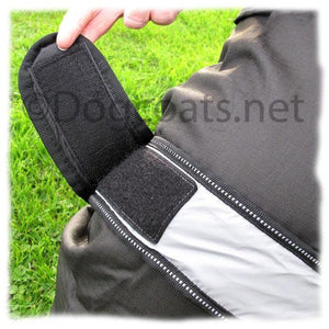 reflective belt round the middle and fastened with large Velcro for secure fit