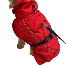 Load image into Gallery viewer, dog coat with harness hole and storm flap.  and fleece lined with padding inside for extra warmth
