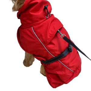 dog coat with harness hole and storm flap.  and fleece lined with padding inside for extra warmth
