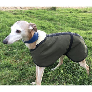 Super soft whippet coat made from olive green microfibre waterproof material and fleece lined for warmth and comfort. Ideal winter whippet coats best
