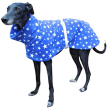 Load image into Gallery viewer, blue fleece greyhound pjs with white star design. The perfect, comfortable, stylish, hand-made 
