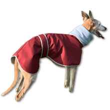Load image into Gallery viewer, Waterproof polar fleece greyhound coat with built in snood hood. Lead hole included. 
