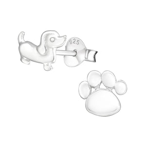 dachshund and paw sterling silver stud earrings