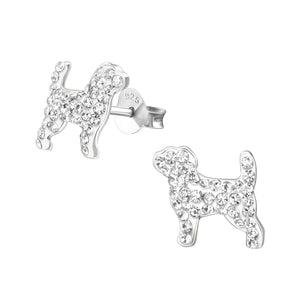 Crystal dog shaped stud earrings. Sterling silver 925
