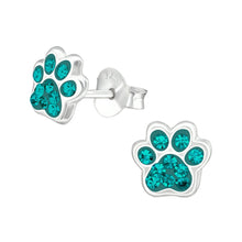 Load image into Gallery viewer, Blue Zircon crystal and sterling silver 925 paw print dog earrings
