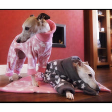 Load image into Gallery viewer, Fleece onesie pyjamas for greyhounds and whippets. Rabbit design, matching cuffs
