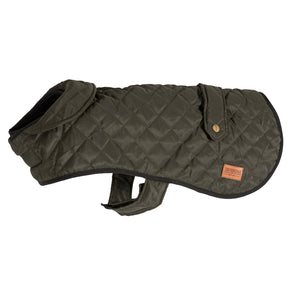 Quilted dog coat with harness hole