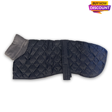 Load image into Gallery viewer, 27&#39;&#39; Navy Quilted Waterproof Greyhound Coat with grey High Collar Design Your Own (3114)
