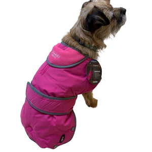 pink dog coat which can be worn over a harness