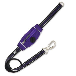 Purple dog lead with built in poo bag and reflective detailing