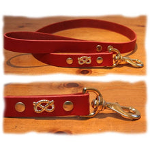 Load image into Gallery viewer, Red leather staffordshire bull terrier lead with brass knot design

