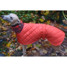Load image into Gallery viewer, red quilted waterproof windproof whippet coat. Ideal for the cold weather of winter months
