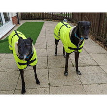Load image into Gallery viewer, Reflective high visibility greyhound safety coats with reflective strips and warm fleece lining
