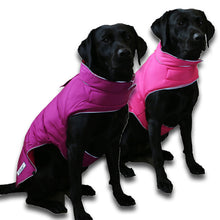 Load image into Gallery viewer, pink and purple dog coat reversible with harness hole
