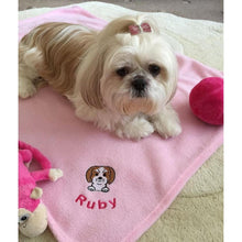 Load image into Gallery viewer, Personalised pet blankets for dogs. Image of your dog and the name of your dog embroidered on the fleece blanket
