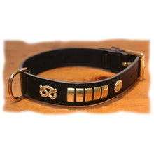 Load image into Gallery viewer, Black leather and brass staffie collar. Small medium or large dog sizes
