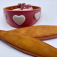 Load image into Gallery viewer, suede backing. padded for comfort. pink leather heart-design whippet and greyhound collars. 
