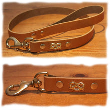 Load image into Gallery viewer, Tan coloured leather staffy staffie leads with brass knot
