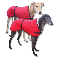 Load image into Gallery viewer, microfiber anti-russle greyhound coat in red. fleece lined for comfort and super soft fabrics
