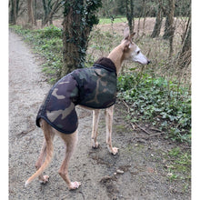 Load image into Gallery viewer, Camouflage whippet dog coat from the side. Weather resistant whippet coats for all weathers

