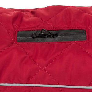 Winter dog coat with twin-zipper harness hole