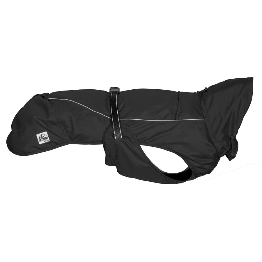 black extreme weather dog coat for winter with harness hole