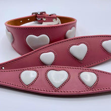 Load image into Gallery viewer, leather padded, suede backed whippet greyhound collar in pink leather / white heart
